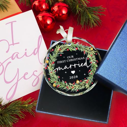Our First Christmas Married 2026 Ornament – Glass Wreath Gift for Couples (With Navy Box)