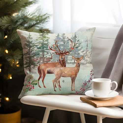 PANDICORN Winter Pillow Covers 18x18 Set of 4 Reindeer Sleigh Christmas Tree Forest Deer Xmas Winter Wonderland Decorations Outdoor Christmas Holiday Throw Pillow Cases for Sofa Couch Home Decor