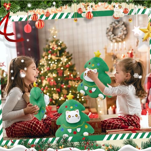 Christmas Tree Cat Stuffed Animals, 12-Inch Cute Cat Plush Pillow Kitten Toy Kawaii Plushie Soft Toy Gift for Birthday Valentine