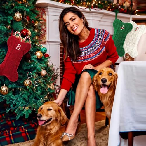 Dog Christmas Stocking with Initials, Large Knit Bone Shape Monogrammed Pet Christmas Stockings for Dogs Cats, Family Holiday Christmas Decorations with Christmas Stocking Holder (Red R)