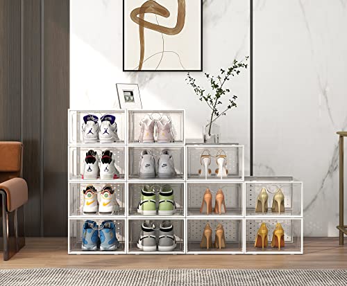 Pinkpum XXL 12 Pack Clear Stackable Shoe Storage Boxes - Large Capacity, Breathable, Easy Assembly