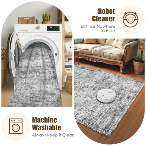 Foldable 6x9 ft Vintage Persian Area Rug - Non-Slip Machine Washable Carpet for Living Room & Bedroom - Graphite & Mist