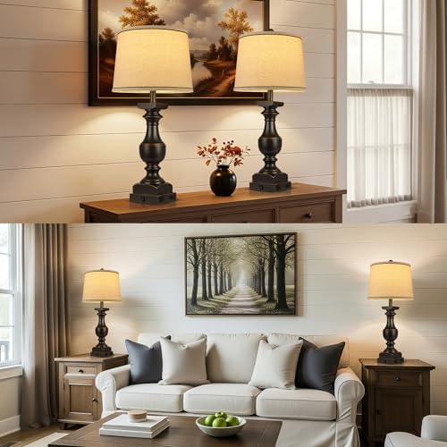 28'' Black Gold Resin Table Lamp Set of 2,Nightstand with USB Port