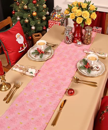 SEGXCFL Pink Tree Christmas Table Runner 72x13in Faux Fur & Velvet Decor