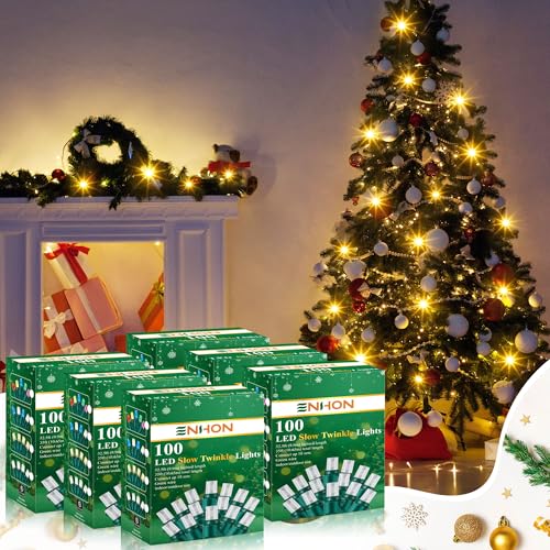 Enhon Slow Twinkling Christmas Lights 6 Pack Warm White 100 Lights 35ft – End-to-End Easy-Connect