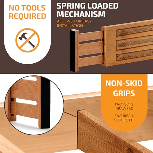 Bambüsi Bamboo Drawer Dividers - 6 Inch High, Expandable 11.5-17 Inch Wide Organizer Set
