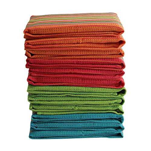 Set of 12 Salsa Stripe Kitchen Dish Towels - 100% Cotton Large Absorbent Waffle Tea Towels for Cooking & Drying