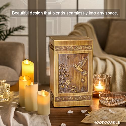 Hummingbird Carved Wooden Urn for Ashes - Large Cremation Memorial Box for Adults, with Velvet Bag & Necklace