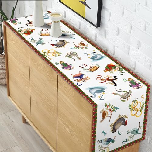 12 Days of Christmas Table Runner - Holiday Xmas Decor with Golden Rings & Doves