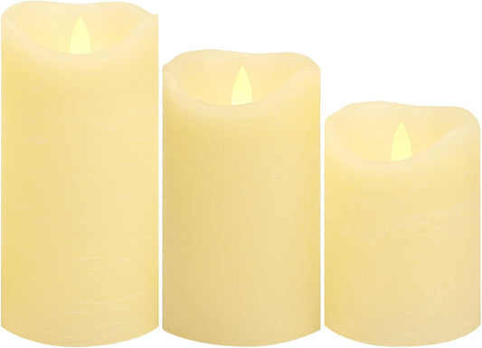 Flameless Real Wax Candles with Remote & Timer - 3 Pack Ivory LED Pillars for Weddings & Decor