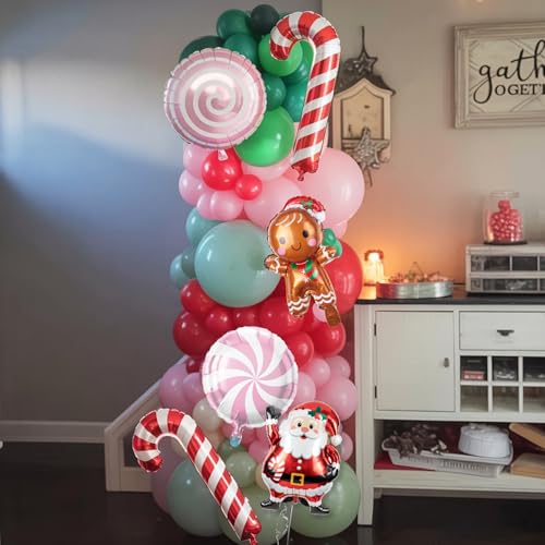 Togvu Christmas Balloon Garland Kit - Red Pink Green Candy Cane Foil Balloons, 128 Latex Balloons & 6 Foil Balloons