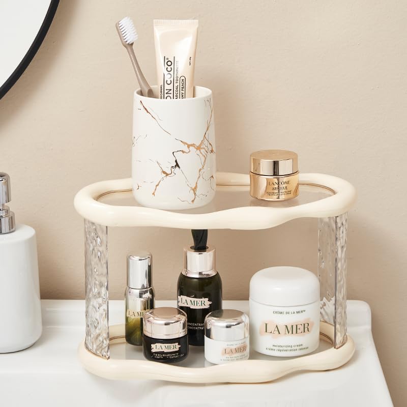 Bathroom Countertop Organizer, 2 Tier Bathroom Organizer and Storage, Acrylic Vanity Organizer Standing Holder Shelf, Perfume Makeup Skincare Cosmetic Desk Organizer for Bedroom Dressing Table, White