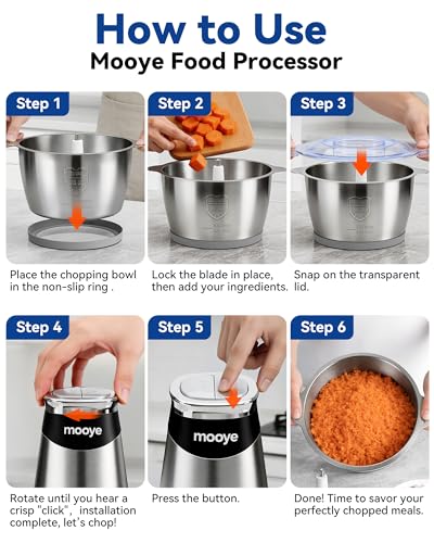 Mooye Silver Food Processor with 3 Bowls & Powerful Copper Motor, Includes Meat & Vegetable Choppers