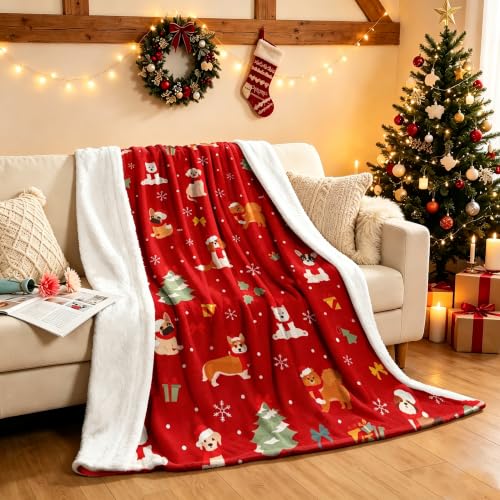 Christmas Puppies Fuzzy Fluffy Throw Blanket 50x60 Cozy Holiday Decor