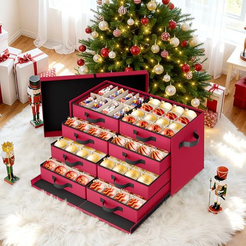 StorageRight Red Christmas Ornament Storage Box with 8 Trays & Adjustable Dividers