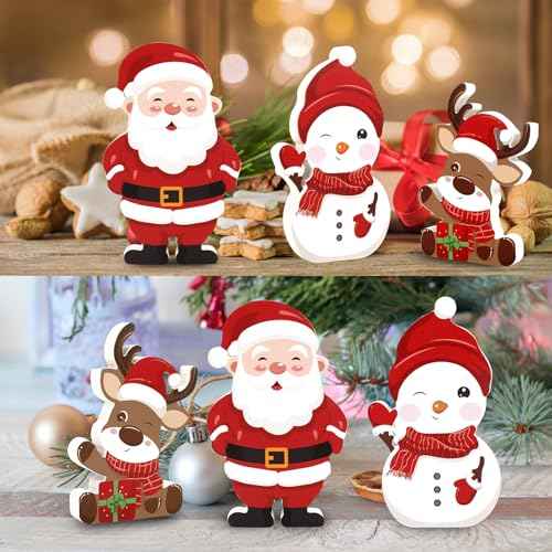 3 Pcs Christmas Tiered Tray Decor Christmas Wooden Signs Cute Santa Snowman Reindeer Christmas Table Decorations for Home Table Shelf