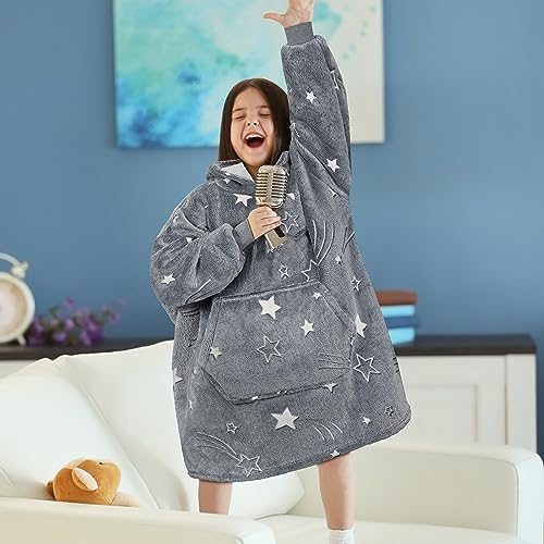 PAVILIA Glow Star Gray Fleece Sherpa Wearable Blanket Hoodie for Kids