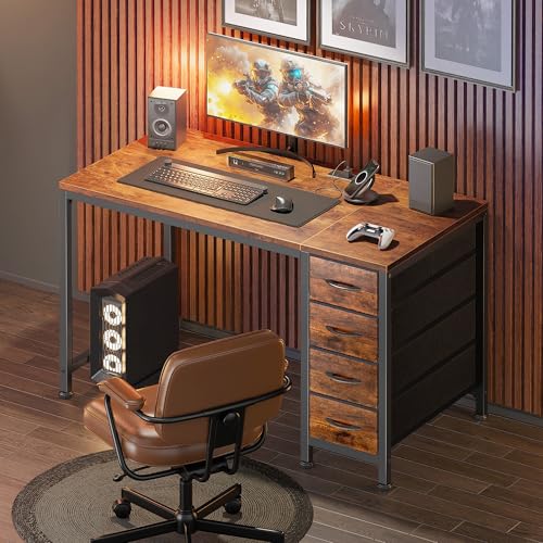 PRAISUN Rustic Brown 39.4 Inch Computer Desk with Power Outlets & USB-C Port, Reversible Gaming & Office Workstation