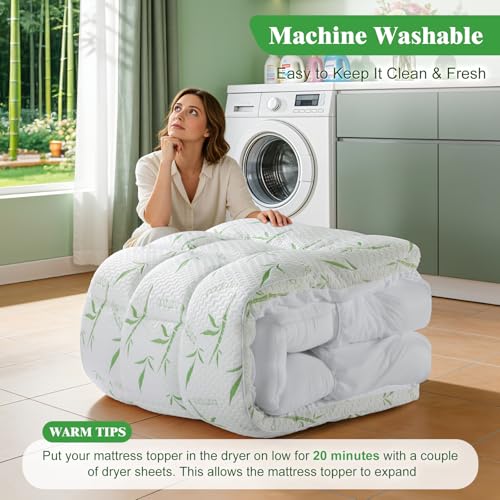 Green Queen Mattress Topper 3 Inch Viscose Bamboo Cooling Pillow Pad Cover