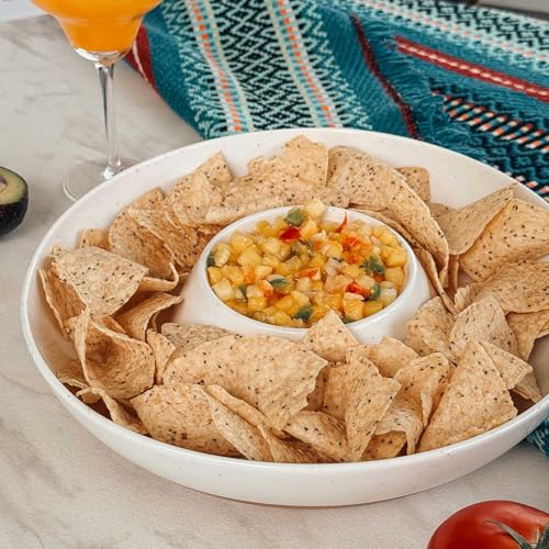 Mora Ceramic Chips and Dip Serving Tray Vanilla White - Large Divided Party Bowl Set