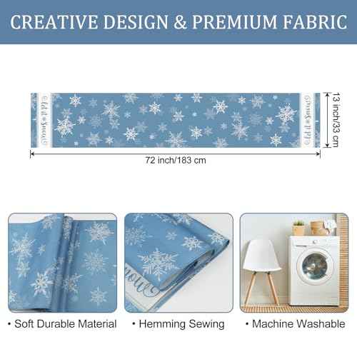 Bonhause Winter Christmas Table Runner 13x72 Inch Blue Snowflakes Let It Snow Xmas Seasonal Holiday Kitchen Dining Table Decoration for Indoor Outdoor Home Party Decor