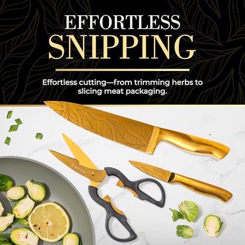 Styled Settings Gold Knives with Etched Leaves Pattern and Sharpener