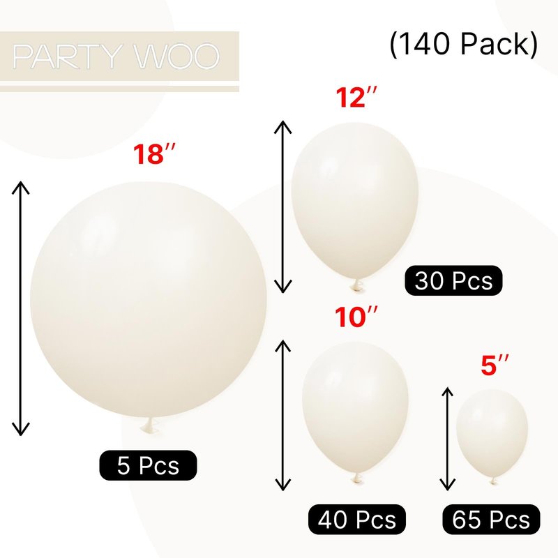 PartyWoo Beige Balloons 140pcs Different Sizes of 18 12 10 5 Inch Cream Ivory Balloon Arch Kit Garland for Wedding Bridal Graduation Baby Shower Easter Birthday Tea Boho Party Decorations White-Q08