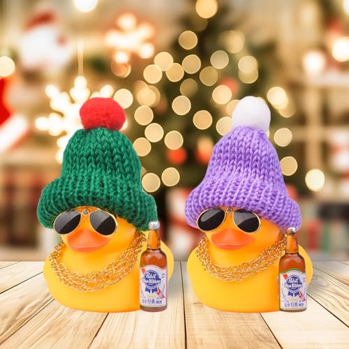 MuMyer E6-purple Car Dashboard Rubber Duck Ornament with Knit Hat, Sunglasses & Gold Chains (3in)