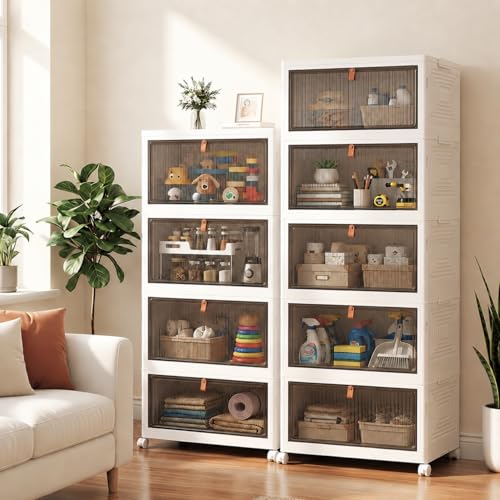 Large 170 Qt Stackable Storage Bins with Lids - 5 Layers, Wheels & Clear Doors
