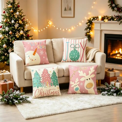 Pink Christmas Pillow Covers Set of 4 18x18 Inches – Linen-Texture Holiday Throw Cushions