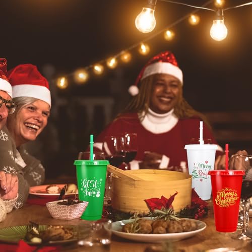 Whaline Christmas 12-Pack Reusable Plastic Tumblers with Lids & Straws - 24oz Holiday Party Cups in Red, Green, White Snow Design