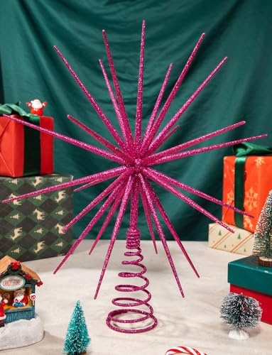 Bright Pink 3D Star Christmas Tree Topper - Glitter Holiday Decoration