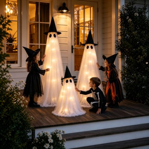 CheerBloom 3 Pack Light-Up Ghost Halloween Decorations Outdoor, Adjustable 6ft, 5ft, 2.6ft with Remote & Reusable Fabric