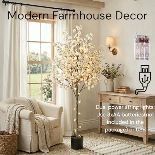 RyddeligHome White Artificial Cherry Blossom Tree with Lights - 6ft Indoor Decor