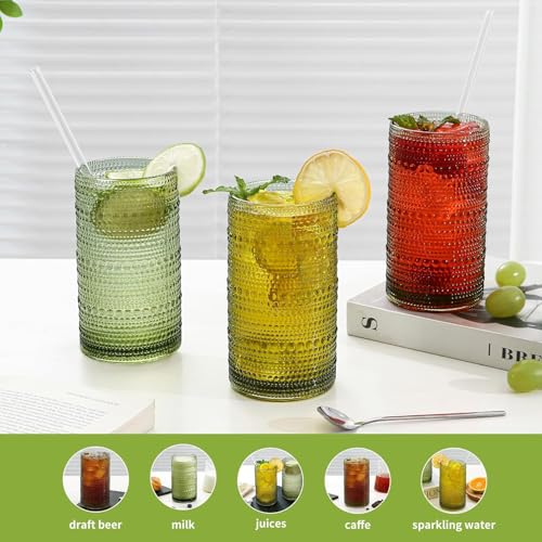 HEFBCOMK Set of 12 16oz Green Hobnail Drinking Glasses with Straws - Vintage Style, Durable Kitchen Water Cups for Cocktails, Juice, Whiskey, Milk