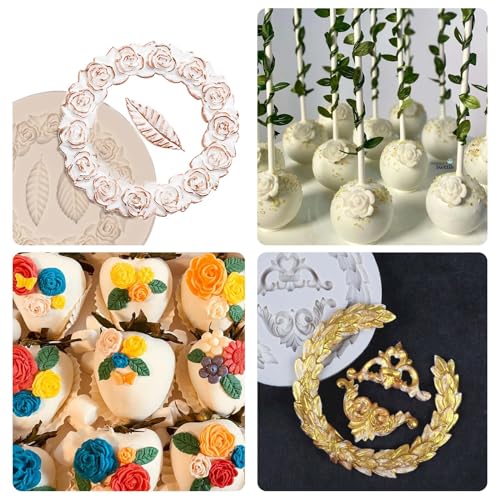 Mini Flowers Chocolate Molds Silicone, 4 Packs Rose Wreath with Leaves Relief Fondant Molds for Cake Decoration, Cupcake Toppers, Sugar Craft, Polymer Clay Resin
