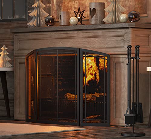 FireBeauty 3-Panel Wrought Iron Fireplace Screen 48x30 Inch Black Safety Guard