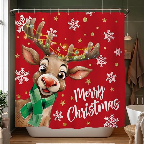 Reindeer Christmas Decor Merry Shower Curtain Snowflake Red Sets with