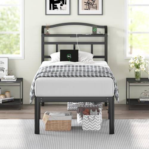 18 Inch Twin Size Bed Frame with Storage Headboard and Charging Station