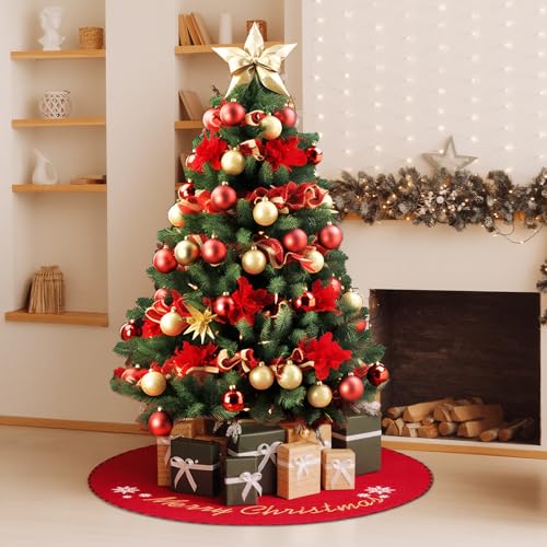MACTING Christmas Tree Skirt 30 Inch Small Burlap Tree Mat with Red and Black Plaid Buffalo Edge Merry Christmas Printed for Holiday Party Indoor Home Xmas Tree Decorations,Red