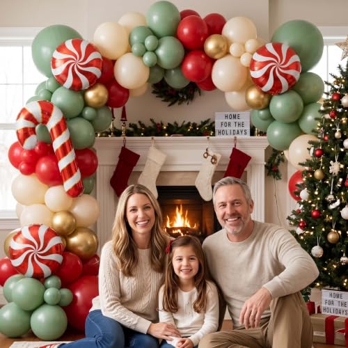 Jenlion 136Pcs Christmas Balloon Arch Kit with Large Mylar Foil Balloons - Red, Sage Green, White