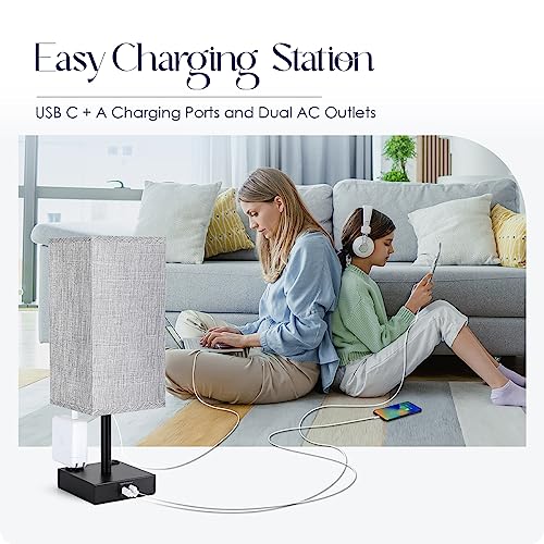 Gray Bedside Table Lamps Set of 2 with USB C+A Charging Ports & Dimmable Touch Control