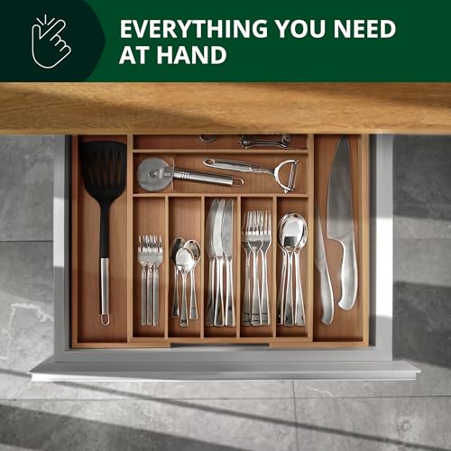 Brown Bamboo Expandable Kitchen Drawer Organizer - Silverware & Utensil Tray with Grooved Dividers, 9 Slots