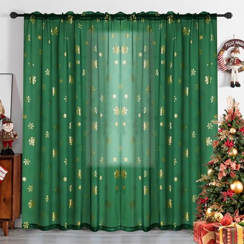 MikiUp Christmas Snowflakes Sheer Curtains 2 Pack Green & Gold 52x95 inches