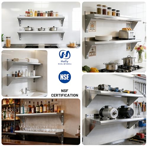 Hally 12x48 Inch Stainless Steel Wall Shelf 2 Pack Commercial Grade NSF