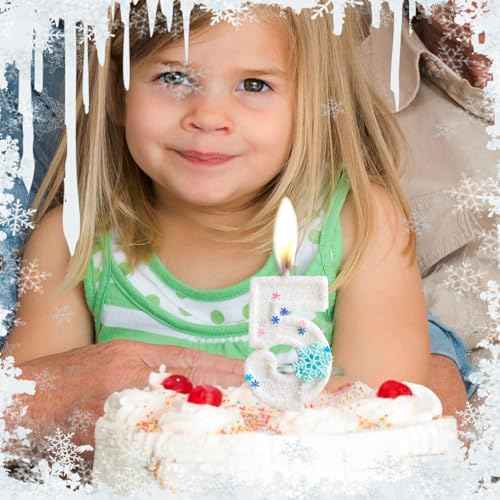 White Frozen Snow Themed Birthday Candles,White Snow Snowflake Number 4th Birthday Candle for Party Supplies,Winter Frozen Birthday Party Number 4 Cake Topper Decorations