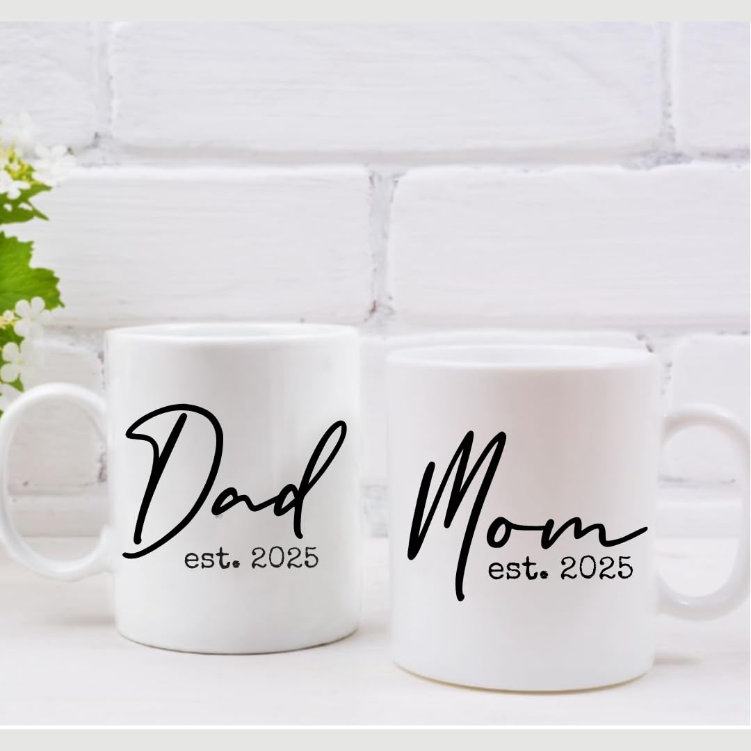 Pregnancy Gift Est 2025 -New Parents Gifts-Mommy and Daddy Est 2025 11 oz Mug Set - Romper (0-3M)-Top Mom and Dad Gift Set for New and Expecting Parents to Be New Mom Gifts for Women (Grey Bib 25)
