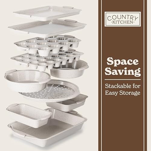 Cream Nonstick Stackable Bakeware Set - 10 Pcs Space-Saving Kitchen Baking