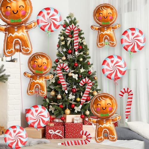 Christmas Balloons Decorations, Gingerbread Balloons, Candy Cane Foil Mylar Balloon for Gingerbread Christmas Party Decorations, New Year, Birthday Party Supplies