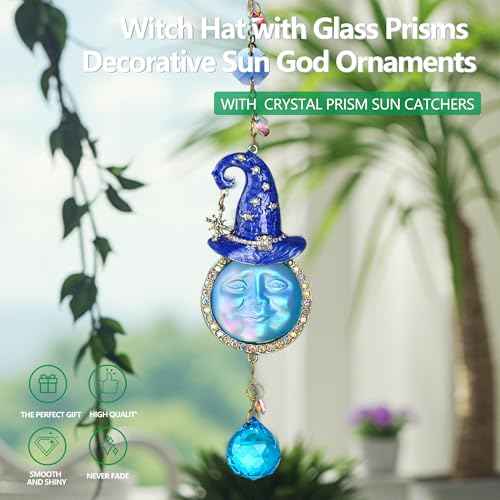 Crystal Hanging Ornament Witch Hat with Crytsal Prisms Sun God Smiley Face Decorative Sun God Halloween Decor for Window, Patio, Garden, Car